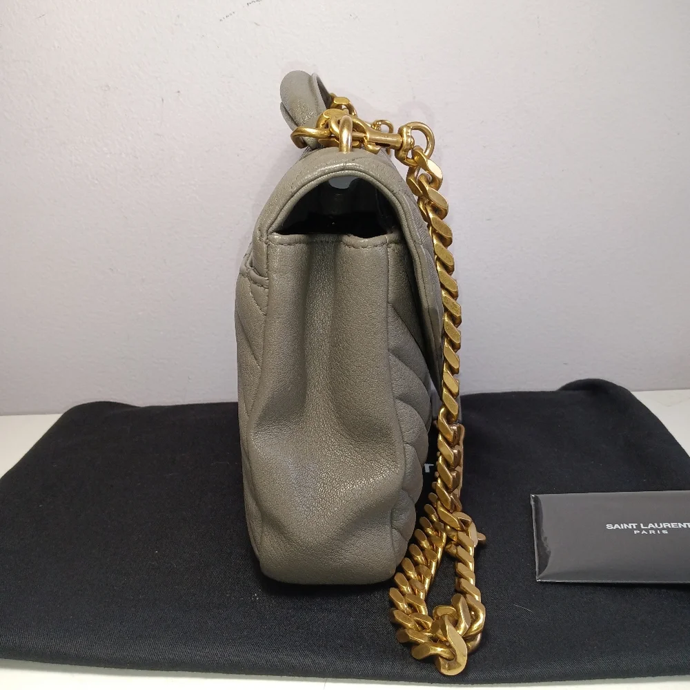 NEW SAINT LAURENT COLLEGE MEDIUM CHAIN BAG IN QUILTED LEATHER GREY GOLD - Picture 6 of 16